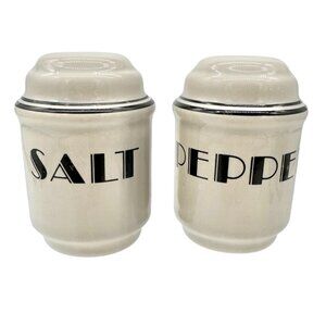 Vintage Art Deco Ceramic Salt and Pepper Shakers Gray w Black Stripes Lettering